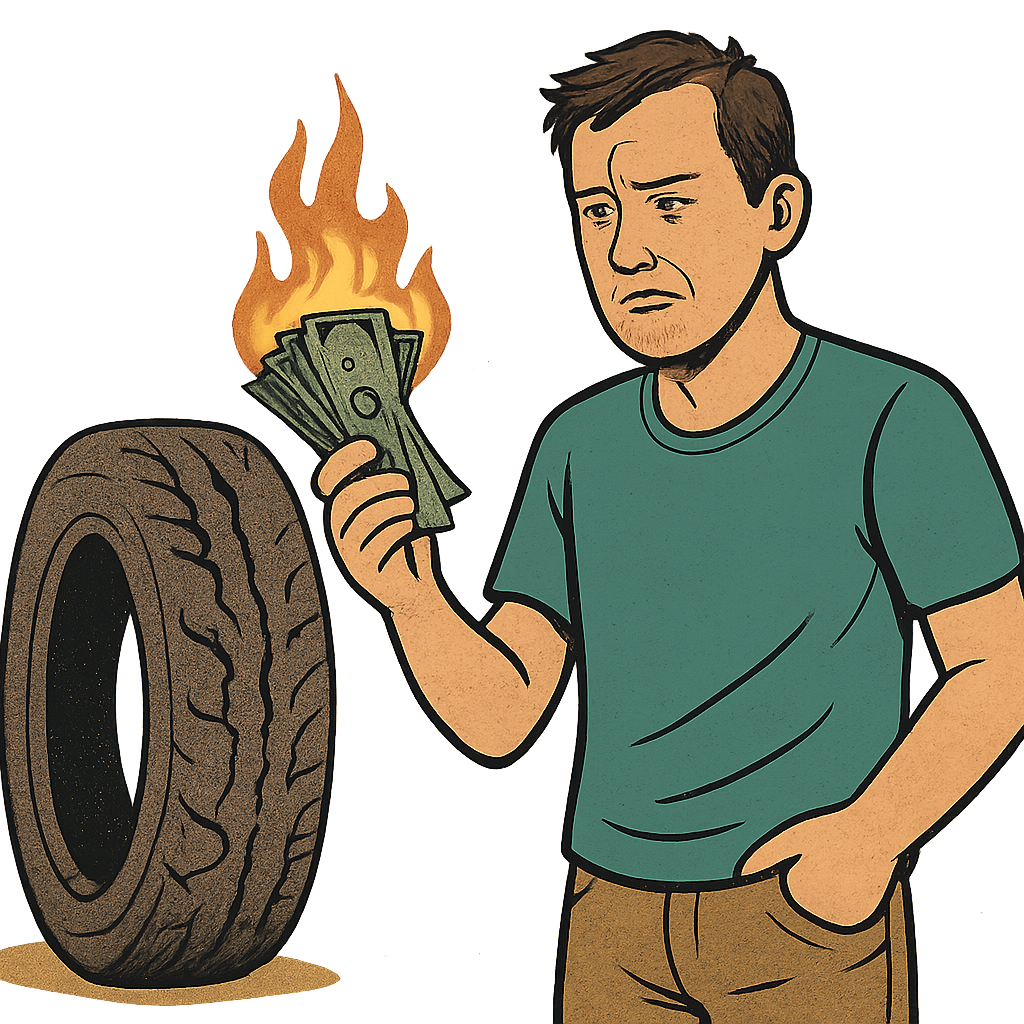 showcase a graphic of poor tire management  causing someone to light money on fire