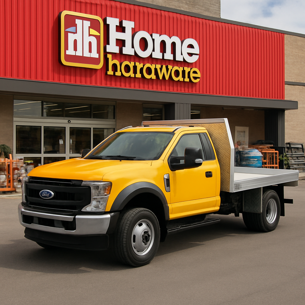 The image depicts a rugged Ford F550 flatbed truck parked outside a bustling home hardware  The truck features a gleaming aluminum flatbed and the cab-1